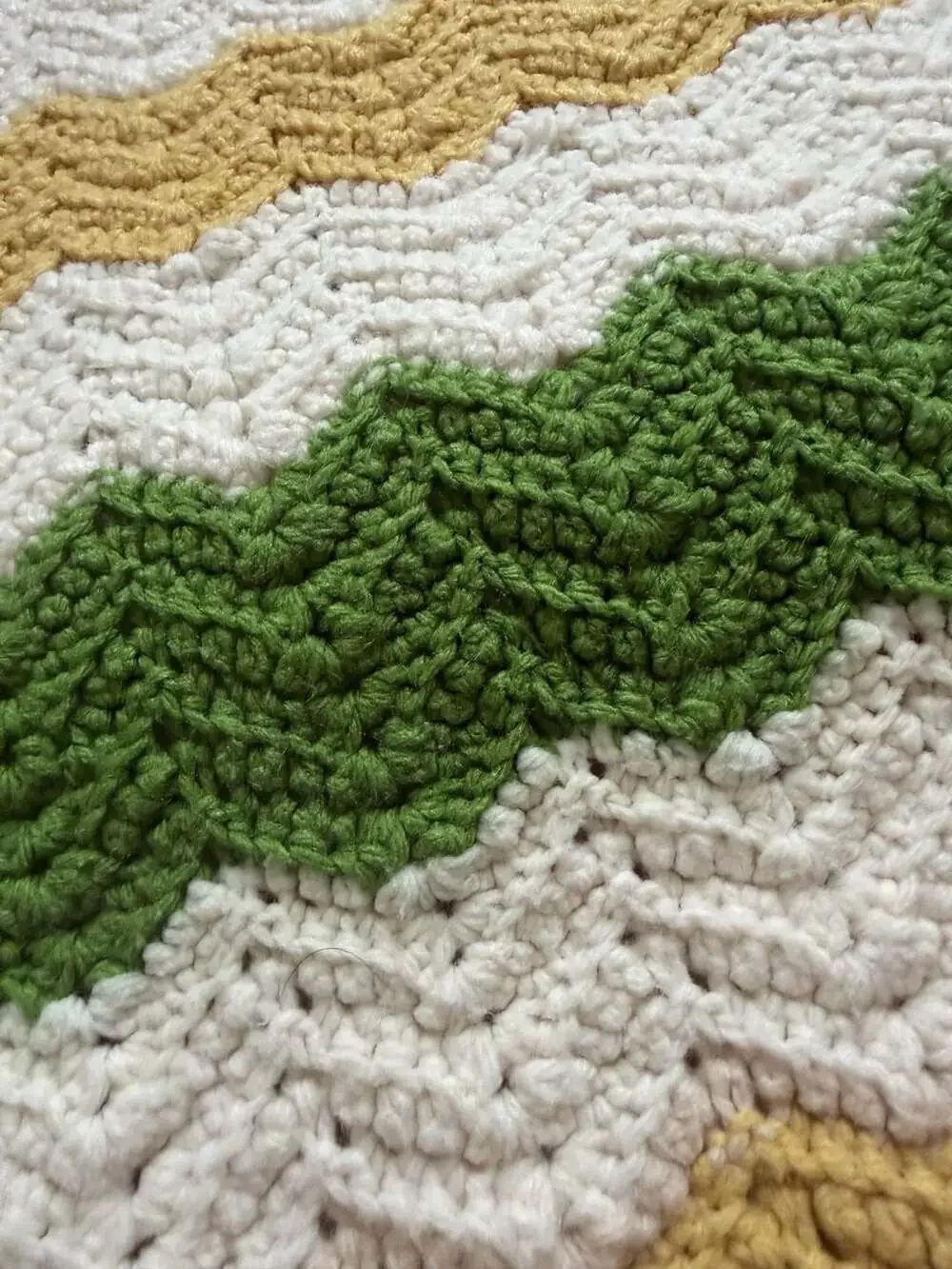 Vintage Handcrafted Crochet Chevron Afghan Green Yellow White 40 x 65 in